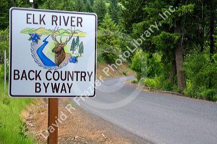 Road sign marking the Elk River Backcountry Byway in Clearwater County, Idaho.
