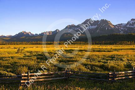 The Sawtooth Mountains at dusk in the Stanley Basin, Idaho.