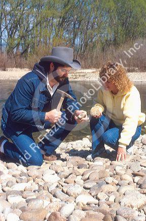 Rock hounds using a rock hammer.