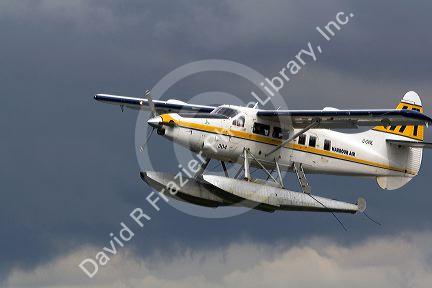 Seaplane flying at Port Vancouver in British Columbia, Canada.