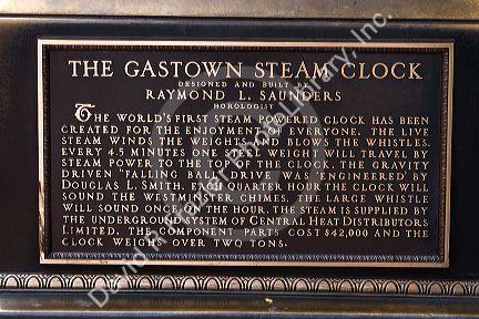 Plaque on the Gastown Steam Clock located in Vancouver, British Columbia, Canada.