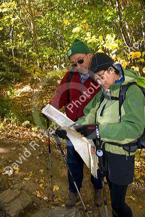 Hikers reading a map on a trail to Mount Lafayette at the northern end of the Franconia Range in the White Moutain National Forest, New Hampshire, USA.