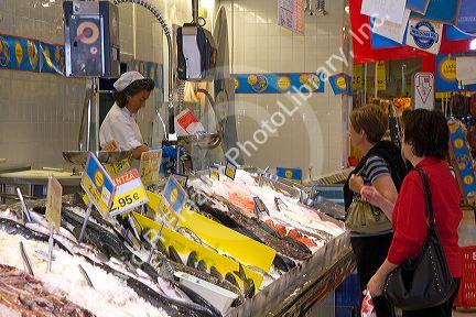 Fish market inside a supermarket in the town of Guernica in the province of Biscay, Basque Country, Northern Spain.