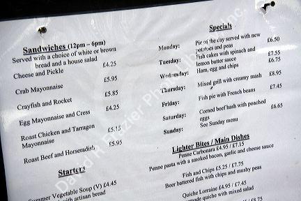 Restaurant menu with prices in pound sterling in the market town of Stratford-upon-Avon, Warwickshire, England.