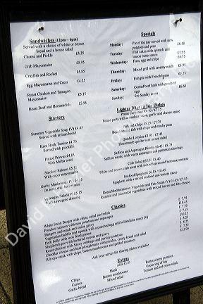 Restaurant menu with prices in pound sterling in the market town of Stratford-upon-Avon, Warwickshire, England.