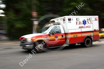 New York Fire Department ambulance in motion in Manhattan, New York City, New York, USA.
