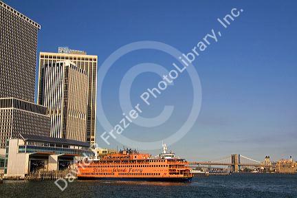Staten Island Ferry docked near Battery Park in Lower Manhattan, New York City, New York, USA.