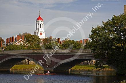 Rowing on the Charles River and Harvard University buildings in Cambridge, Greater Boston, Massachusetts, USA.