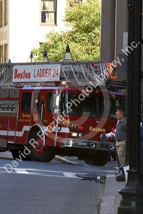 Boston Fire Department ladder truck in downtown Boston, Massachusetts, USA.