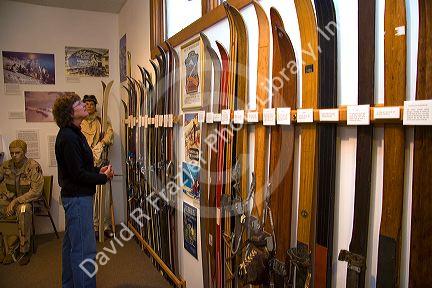 Visitor inside the New England Ski Museum located in the town of Franconia, New Hampshire, USA.