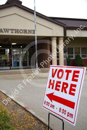 Vote here sign at a polling station in Boise, Idaho, USA.
