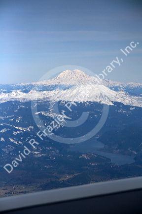 Aerial view of Mount Rainier and Mount St. Helens in Washington, USA.