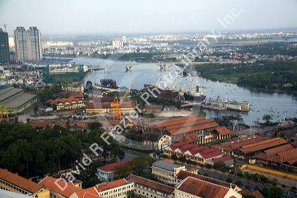 Cityscape view of Ho Chi Minh City and Saigon River from atop the Saigon Trade Center skyscraper, Vietnam.