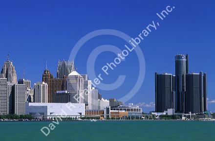 Detroit skyline with the Detroit river in the foreground, Michigan.
