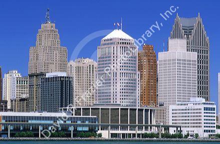 Detroit skyline with the Detroit river in the foreground, Michigan.