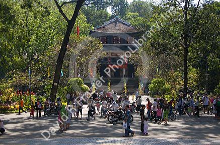 Buildings and visitors at the Saigon Zoo and Botanical Gardens in Ho Chi Minh City, Vietnam.