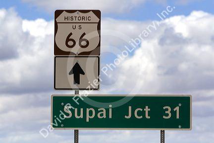 Road sign for Historic U.S. Route 66 near Seligman, Arizona, USA.
