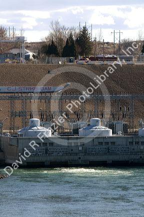 C.J. Strike Dam turbines generating electricity on the Snake River near Grand View, Idaho, USA.