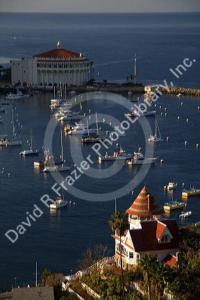 Holly Hill House and The Catalina Casino and Avalon harbor on Catalina Island, California, USA.