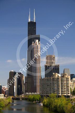 Willis Tower formerly known as the Sears Tower located along the Chicago River in Chicago, Illinois, USA.