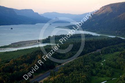 Scenic view from Crown Point of sunset on the Columbia River Gorge, Oregon, USA.