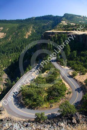 Hairpin turn of historic U.S. highway 30 in the Ccolumbia Gorge of Oregon, USA.