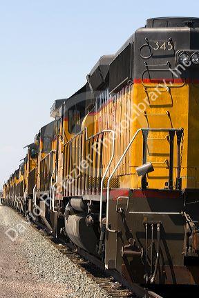 Hundreds of Union Pacific locomotive engines being stored at a rail yard in Nampa, Idaho, USA.
