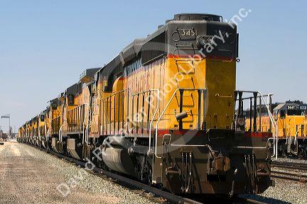 Hundreds of Union Pacific locomotive engines being stored at a rail yard in Nampa, Idaho, USA.