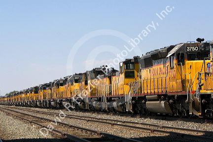 Hundreds of Union Pacific locomotive engines being stored at a rail yard in Nampa, Idaho, USA.