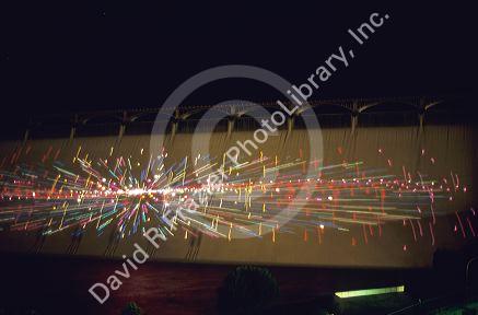 Laser light show on the face of the Grand Coulee Dam in Washington.