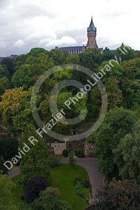 Vallee de la Petrusse and the Banque et Caisse d'Epargne de I'Etat in Luxembourg City, Luxembourg.
