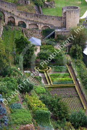 Gardens along the Alzette River in the Grund district of Luxembourg City, Luxembourg.