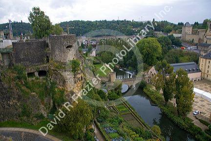 The Grund quarter along the Alzette River in central Luxembourg City, Luxembourg.