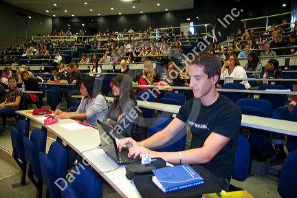 Students attend class in a lecture hall at the Paul Verlaine University in Metz, France.