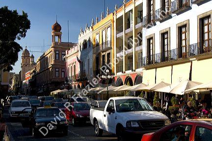 Street scene with traffic in the city of Puebla, Puebla, Mexico.