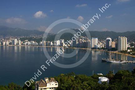 Acapulco Bay lined with hotels in Acapulco, Guerrero, Mexico.