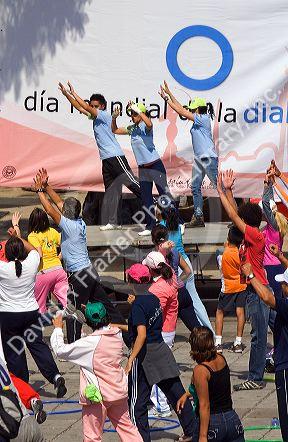 An organized group of people exercise for Diabetes awareness in Mexico City, Mexico.