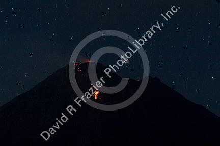 Arenal Volcano erupting with lava showing at night near La Fortuna, San Carlos, Costa Rica.