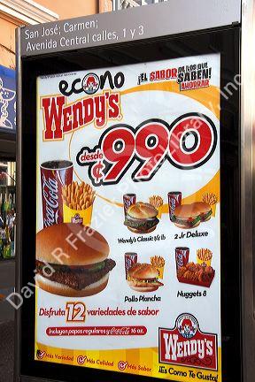 Spanish language advertisement for the fast food restaurant Wendy's in the city of San Jose, Costa Rica.