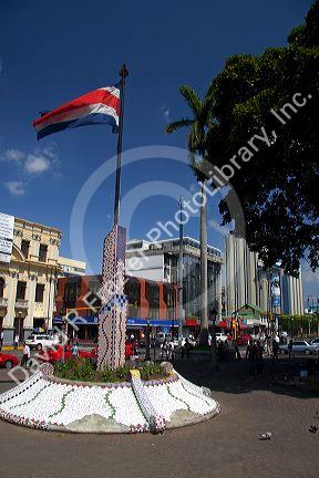 Costa Rican flag displayed at Parque Central in the city of San Jose, Costa Rica.