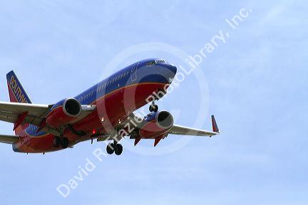 Southwest airlines Boeing 737 aircraft on final approach to the Boise Airport, Idaho, USA.