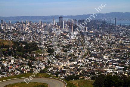 View of the city and Market Street from Twin Peaks in San Francisco, California, USA.