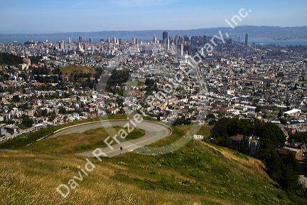 View of the city and Market Street from Twin Peaks in San Francisco, California, USA.