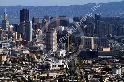 View of the city and Market Street from Twin Peaks in San Francisco, California, USA.