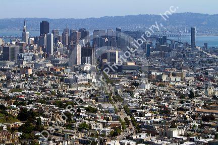 View of the city and Market Street from Twin Peaks in San Francisco, California, USA.