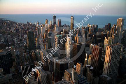 Aerial view of the city and Lake Michigan waterfront from the Willis Tower in Chicago, Illinois, USA.