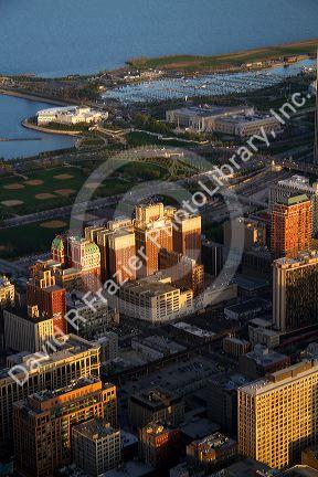 Aerial view of the city and Lake Michigan waterfront from the Willis Tower in Chicago, Illinois, USA.