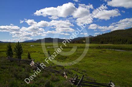 Split rail fencing runs through a meadow near Stanley, Idaho, USA.