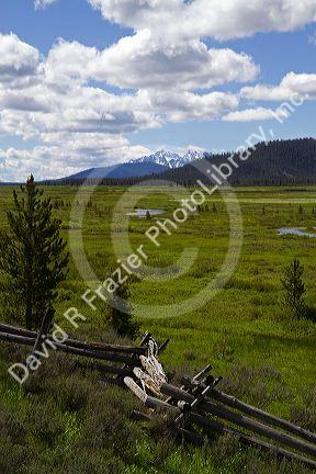 Split rail fencing runs through a meadow near Stanley, Idaho, USA.