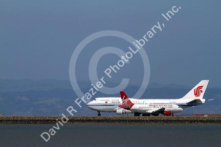 Airliner at take off from San Francisco International Airport, California, USA.